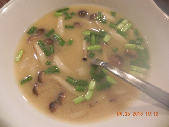 miso soup with shimeji mushrooms & garnished with scallions