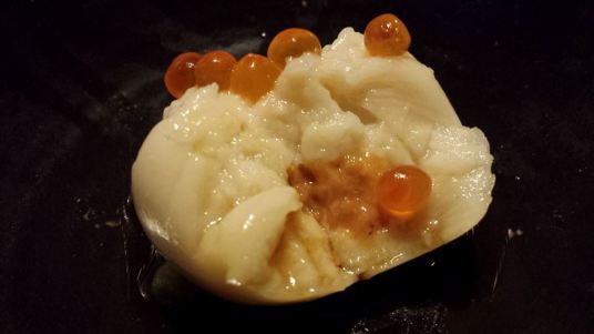 uni inside - #1 japanese taro, hokkaido uni in sesame tofu topped with ikura
