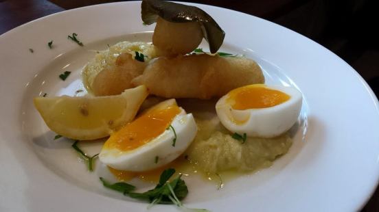 salt cod with soft boiled eggs