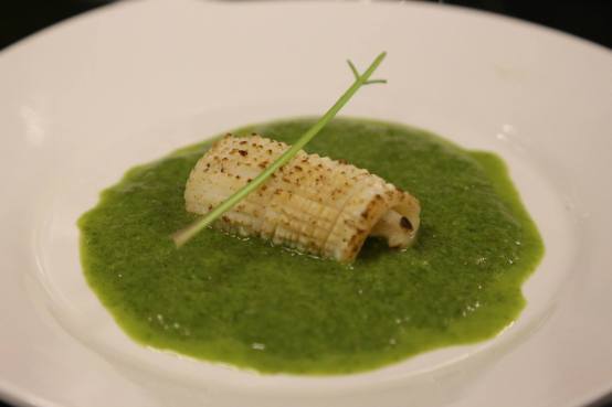 #6 flamed squid in spinach veloute
