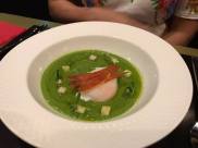 green pea soup with 63 deg egg, crispy parma ham